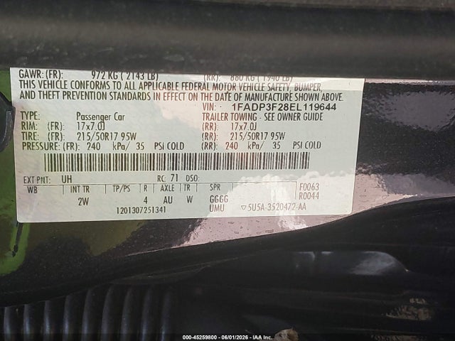 2014 Ford Focus Se მანქანა იყიდება აუქციონზე, vin: 1FADP3F28EL119644, აუქციონის ნომერი: 45259800