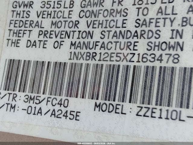 Aukcja sprzedaży 1999 Toyota Corolla Le, vin: 1NXBR12E5XZ163478, numer aukcji: 45259802