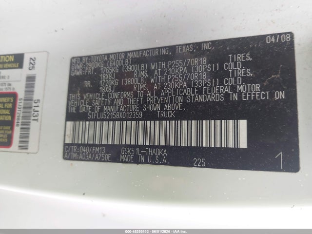 45259832 :رقم المزاد ، 5TFLU52158X012359 vin ، 2008 Toyota Tundra Base V6 مزاد بيع