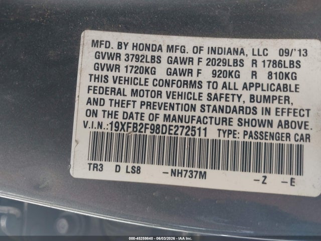 2013 Honda Civic Ex-l მანქანა იყიდება აუქციონზე, vin: 19XFB2F98DE272511, აუქციონის ნომერი: 45259840
