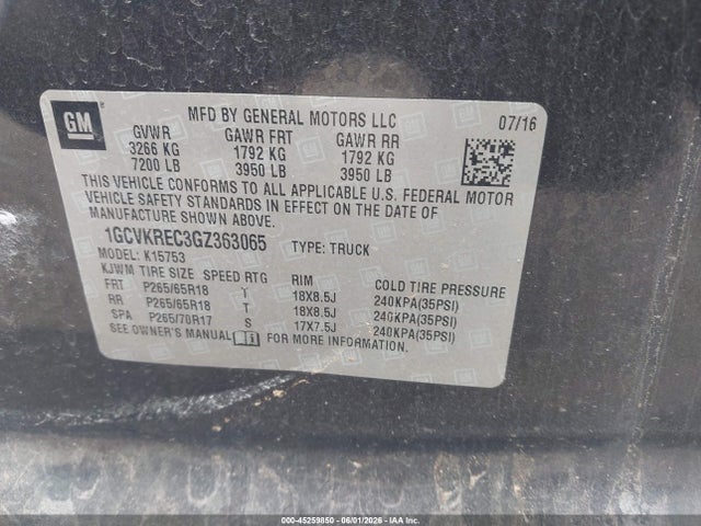 45259850 :رقم المزاد ، 1GCVKREC3GZ363065 vin ، 2016 Chevrolet Silverado 1500 2lt مزاد بيع