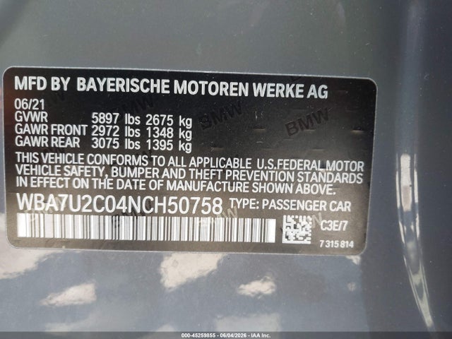 2022 Bmw 750 I Xdrive მანქანა იყიდება აუქციონზე, vin: WBA7U2C04NCH50758, აუქციონის ნომერი: 45259855