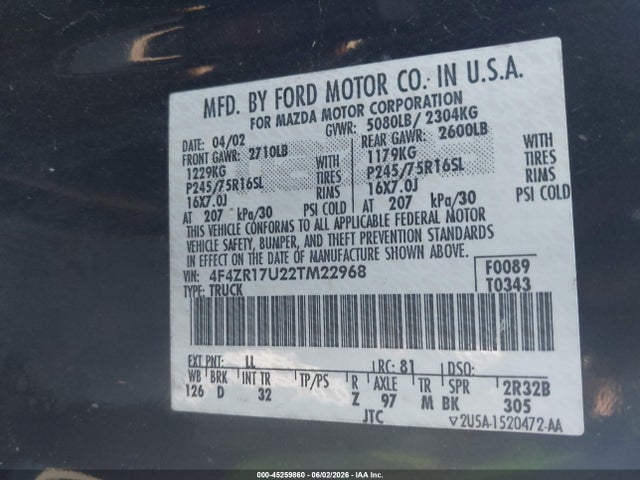 Продаж на аукціоні авто 2002 Mazda B3000, vin: 4F4ZR17U22TM22968, номер лоту: 45259860