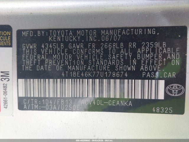 Продажа на аукционе авто 2007 Toyota Camry Ce, vin: 4T1BE46K77U178674, номер лота: 45259862