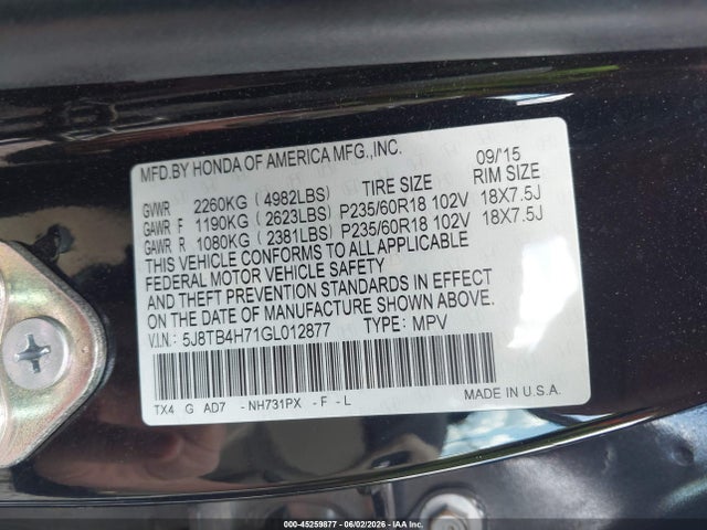 Aukcja sprzedaży 2016 Acura Rdx Advance Package, vin: 5J8TB4H71GL012877, numer aukcji: 45259877