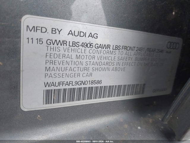 2016 Audi A4 2.0t Premium მანქანა იყიდება აუქციონზე, vin: WAUFFAFL9GN018586, აუქციონის ნომერი: 45259883