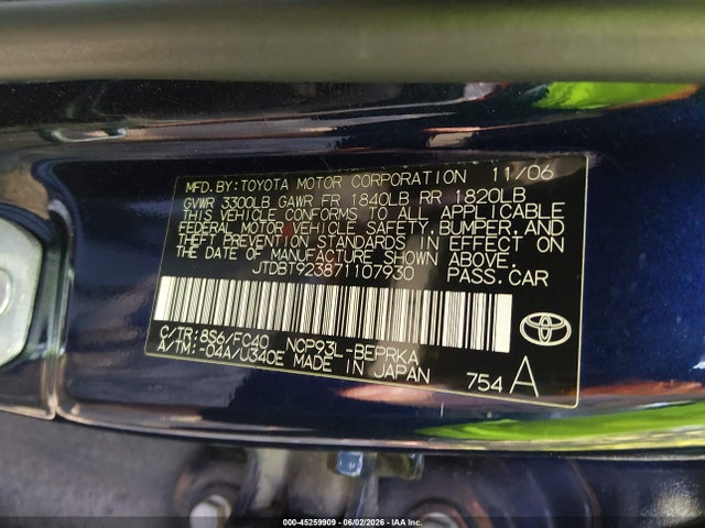 2007 Toyota Yaris მანქანა იყიდება აუქციონზე, vin: JTDBT923871107930, აუქციონის ნომერი: 45259909
