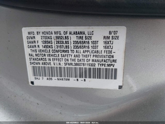 Продажа на аукционе авто 2007 Honda Odyssey Ex-l, vin: 5FNRL38607B119302, номер лота: 45259922