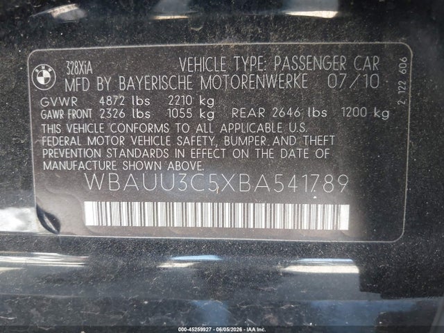 45259927 :رقم المزاد ، WBAUU3C5XBA541789 vin ، 2011 Bmw 328i Xdrive مزاد بيع
