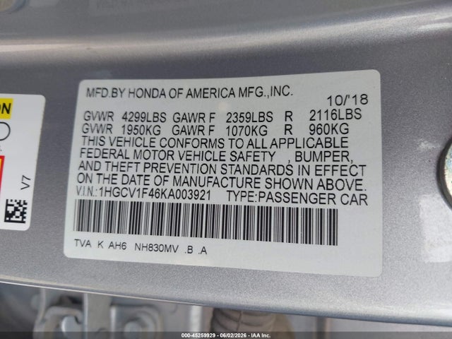 45259929 :رقم المزاد ، 1HGCV1F46KA003921 vin ، 2019 Honda Accord Ex مزاد بيع