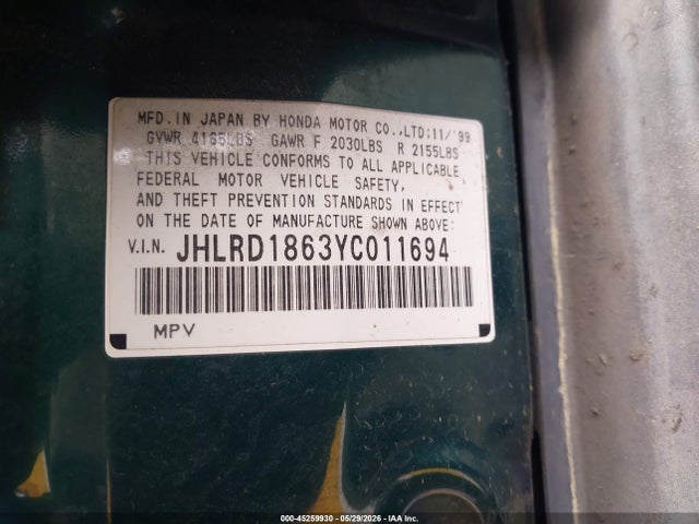 Aukcja sprzedaży 2000 Honda Cr-v Ex, vin: JHLRD1863YC011694, numer aukcji: 45259930