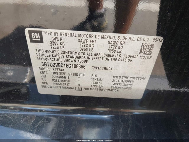 45259943 :رقم المزاد ، 3GTU2VEC1EG108366 vin ، 2014 Gmc Sierra 1500 Slt مزاد بيع