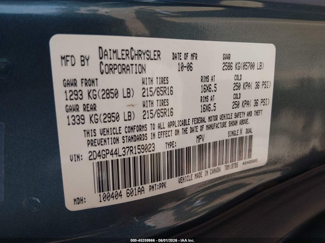 Aukcja sprzedaży 2007 Dodge Grand Caravan Sxt, vin: 2D4GP44L37R159023, numer aukcji: 45259966