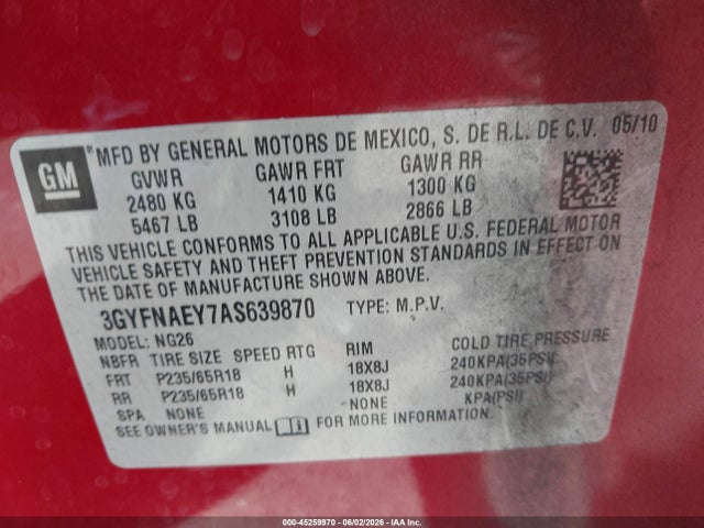 Aukcja sprzedaży 2010 Cadillac Srx Luxury Collection, vin: 3GYFNAEY7AS639870, numer aukcji: 45259970