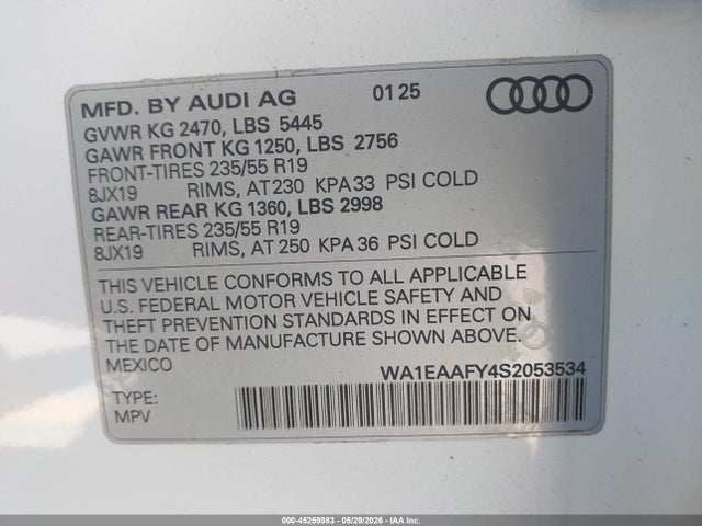 WA1EAAFY4S2053534 Audi Q5 Premium Plus 45 Tfsi S Line Quattro S Tronic