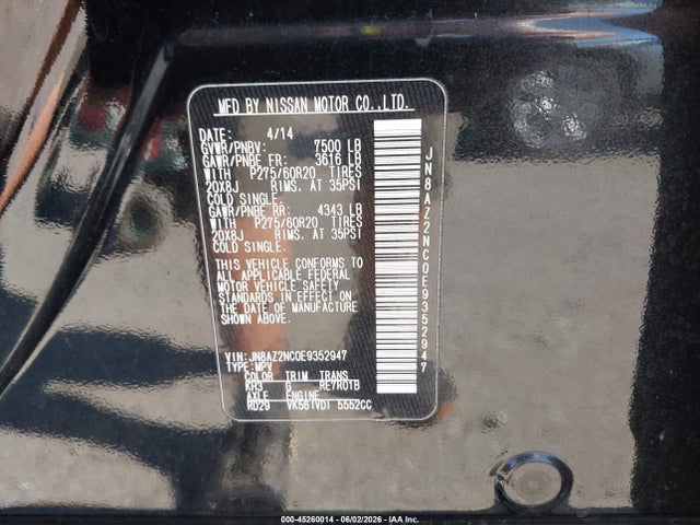 45260014 :رقم المزاد ، JN8AZ2NC0E9352947 vin ، 2014 Infiniti Qx80 مزاد بيع