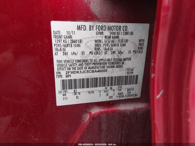 2012 Ford Edge Sel მანქანა იყიდება აუქციონზე, vin: 2FMDK3JC5CBA46055, აუქციონის ნომერი: 45260024