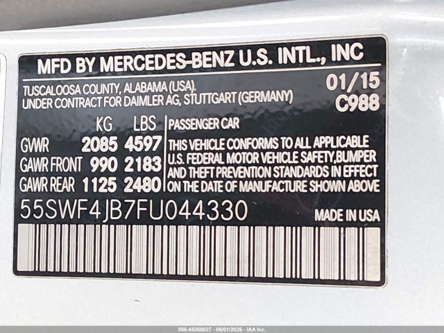 45260027 :رقم المزاد ، 55SWF4JB7FU044330 vin ، 2015 Mercedes-benz C 300 مزاد بيع