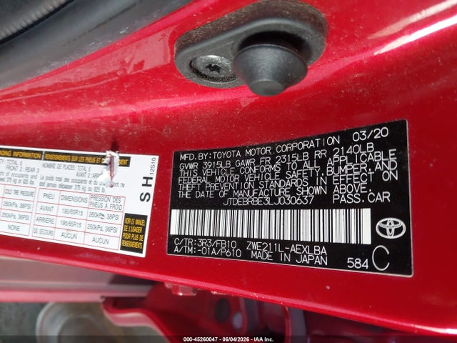 Продаж на аукціоні авто 2020 Toyota Corolla Hybrid Le, vin: JTDEBRBE3LJ030637, номер лоту: 45260047