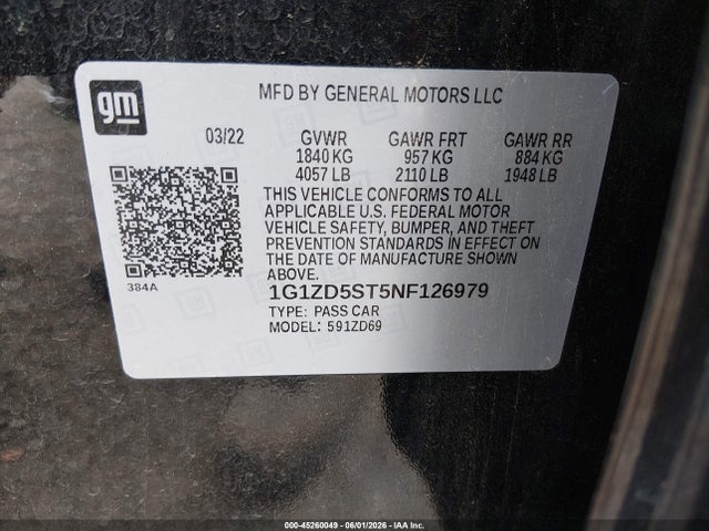 45260049 :رقم المزاد ، 1G1ZD5ST5NF126979 vin ، 2022 Chevrolet Malibu Fwd Lt مزاد بيع