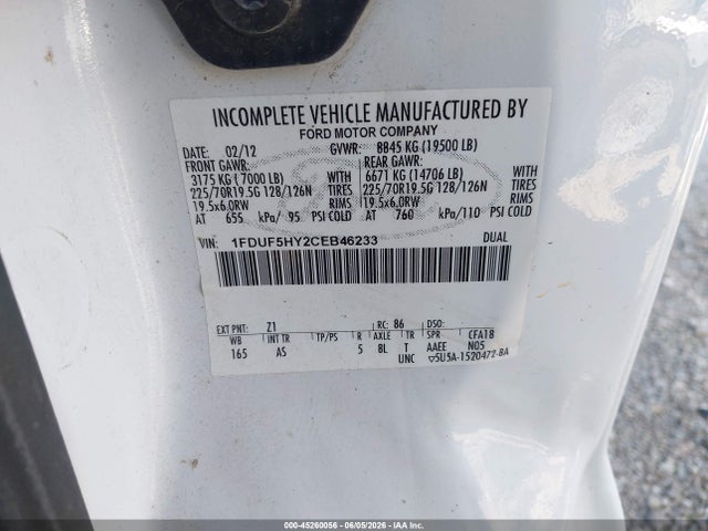 Продаж на аукціоні авто 2012 Ford F-550 Chassis Xl, vin: 1FDUF5HY2CEB46233, номер лоту: 45260056