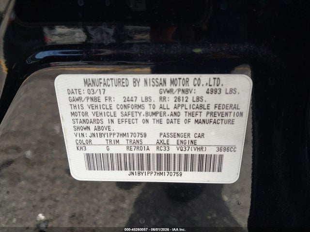 Продаж на аукціоні авто 2017 Infiniti Q70l 3.7, vin: JN1BY1PP7HM170759, номер лоту: 45260057