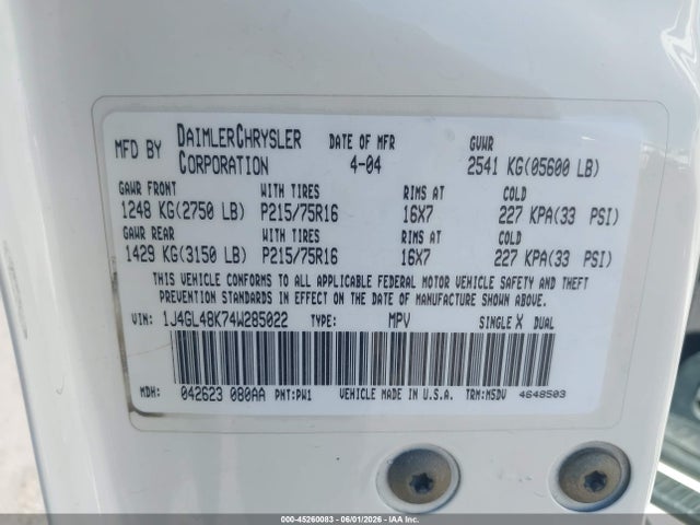 Продаж на аукціоні авто 2004 Jeep Liberty Sport, vin: 1J4GL48K74W285022, номер лоту: 45260083