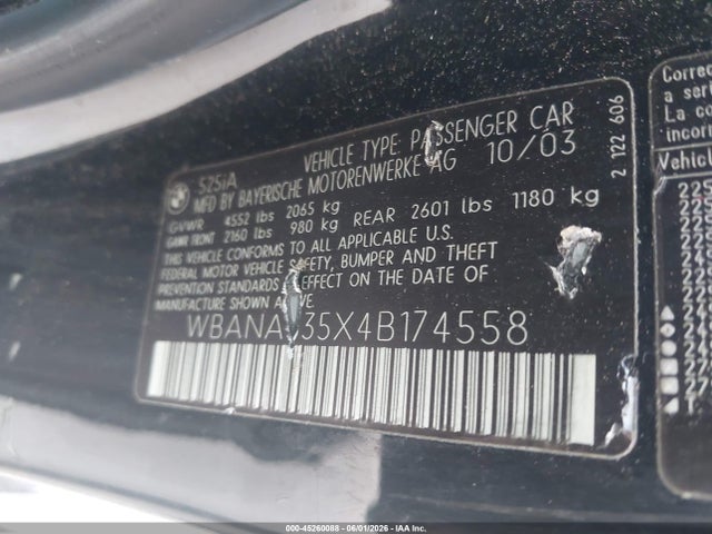 Aukcja sprzedaży 2004 Bmw 525i, vin: WBANA535X4B174558, numer aukcji: 45260088