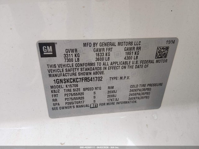 1GNSKCKC7FR541702 Chevrolet Tahoe Ltz