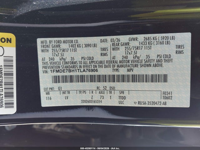 Продаж на аукціоні авто 2026 Ford Bronco Big Bend, vin: 1FMDE7BH1TLA76906, номер лоту: 45260114