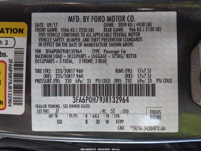 45260135 :رقم المزاد ، 3FA6P0H79JR132964 vin ، 2018 Ford Fusion Se مزاد بيع