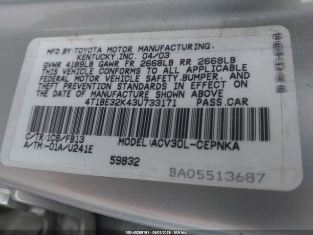 Продаж на аукціоні авто 2003 Toyota Camry Le, vin: 4T1BE32K43U733171, номер лоту: 45260151