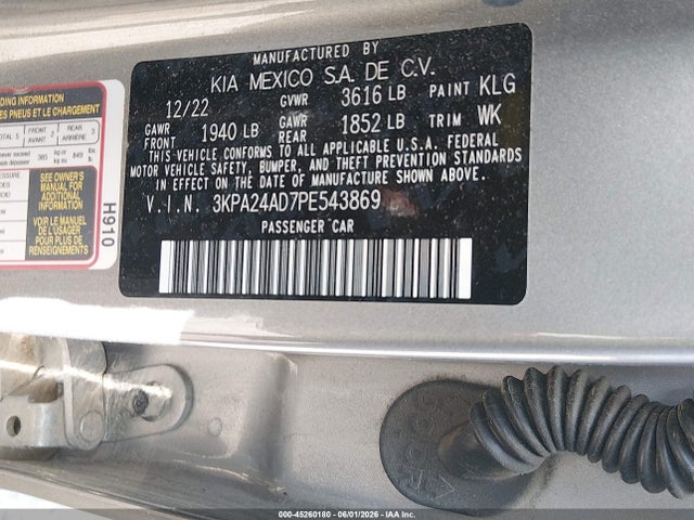 2023 Kia Rio S მანქანა იყიდება აუქციონზე, vin: 3KPA24AD7PE543869, აუქციონის ნომერი: 45260180