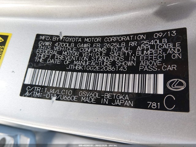 2014 Lexus Es 350 მანქანა იყიდება აუქციონზე, vin: JTHBK1GG2E2086143, აუქციონის ნომერი: 45260181