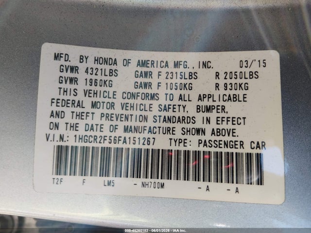 2015 Honda Accord Sport მანქანა იყიდება აუქციონზე, vin: 1HGCR2F56FA151267, აუქციონის ნომერი: 45260182