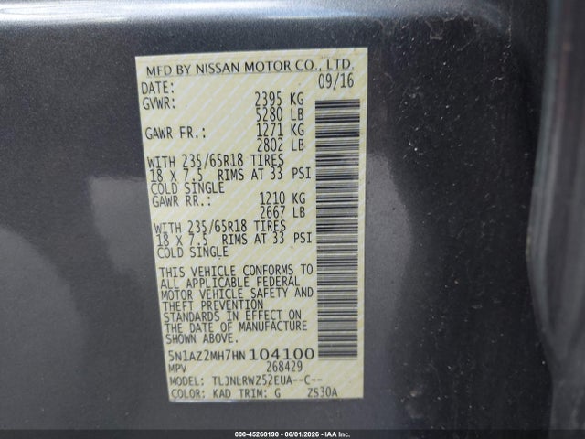 Aukcja sprzedaży 2017 Nissan Murano Sl, vin: 5N1AZ2MH7HN104100, numer aukcji: 45260190