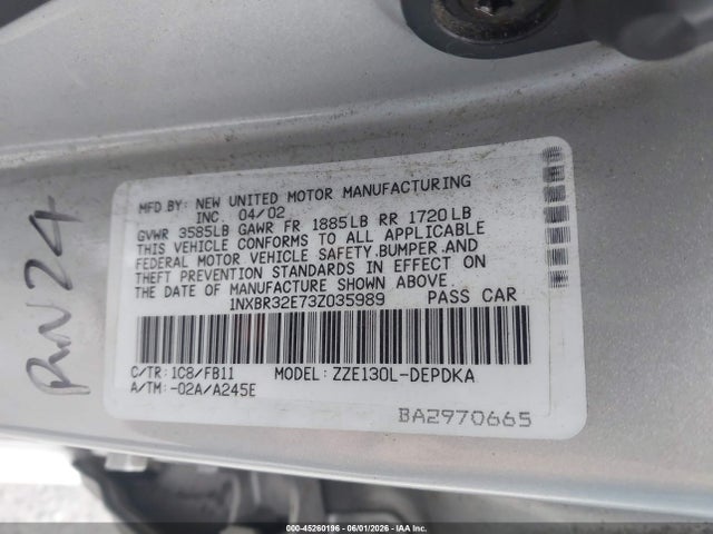 Aukcja sprzedaży 2003 Toyota Corolla Ce, vin: 1NXBR32E73Z035989, numer aukcji: 45260196