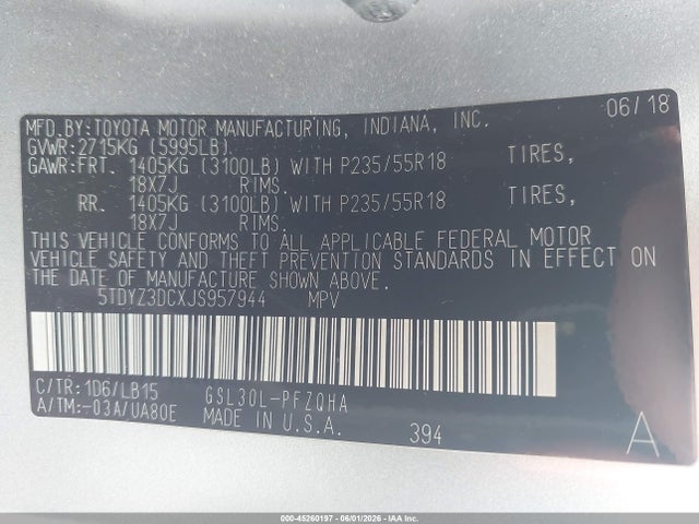 Продажа на аукционе авто 2018 Toyota Sienna Limited 7 Passenger, vin: 5TDYZ3DCXJS957944, номер лота: 45260197