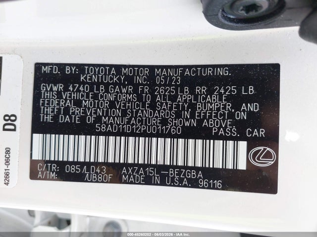 Aukcja sprzedaży 2023 Lexus Es 250, vin: 58AD11D12PU011760, numer aukcji: 45260202