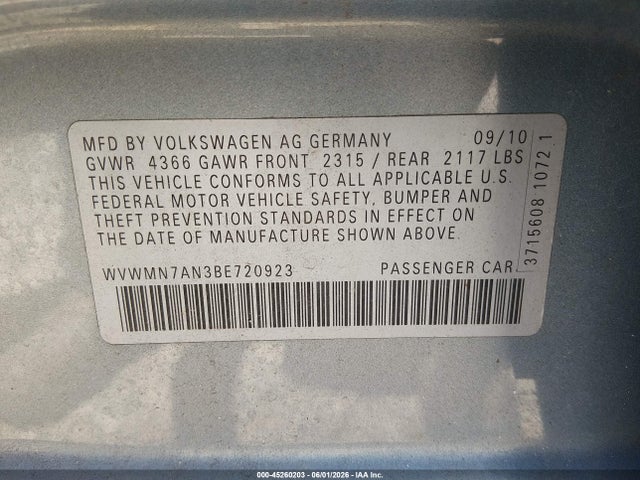 Продаж на аукціоні авто 2011 Volkswagen Cc Sport, vin: WVWMN7AN3BE720923, номер лоту: 45260203