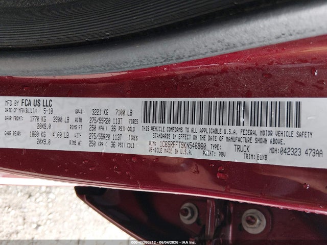 Продаж на аукціоні авто 2019 Ram 1500 Big Horn/lone Star  4x4 5'7 Box, vin: 1C6SRFFT9KN546960, номер лоту: 45260212