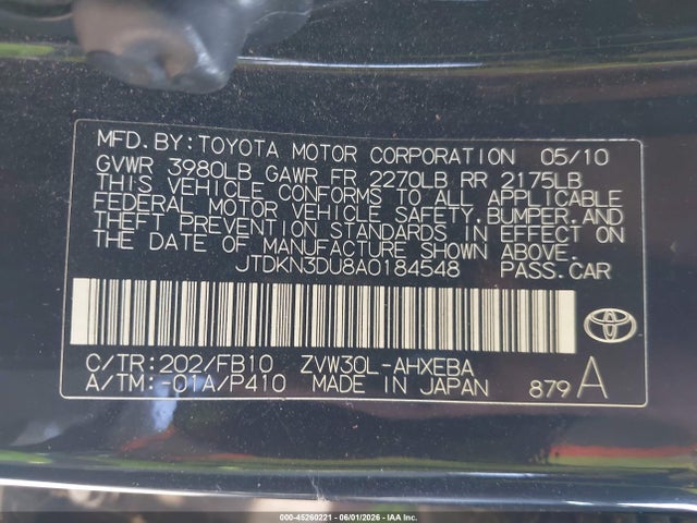 Aukcja sprzedaży 2010 Toyota Prius Iii, vin: JTDKN3DU8A0184548, numer aukcji: 45260221