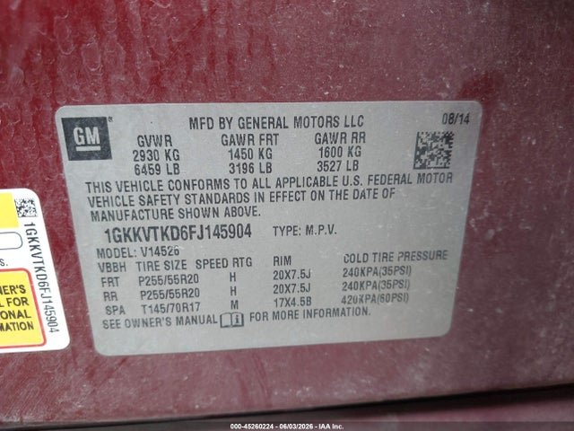 Aukcja sprzedaży 2015 Gmc Acadia Denali, vin: 1GKKVTKD6FJ145904, numer aukcji: 45260224