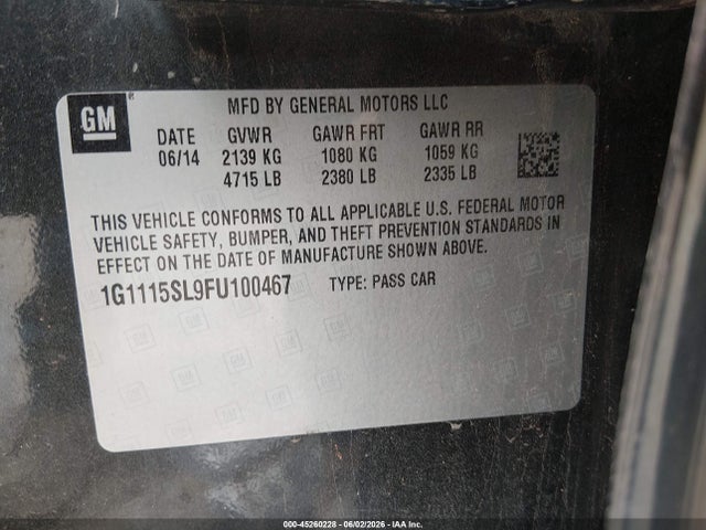 Продаж на аукціоні авто 2015 Chevrolet Impala 1lt, vin: 1G1115SL9FU100467, номер лоту: 45260228