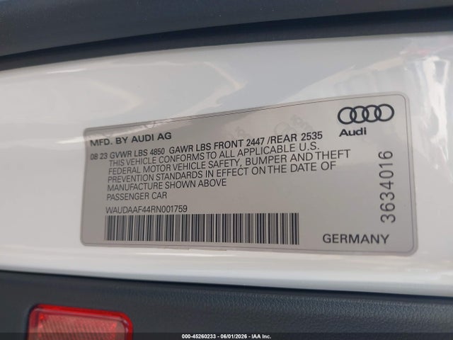 45260233 :رقم المزاد ، WAUDAAF44RN001759 vin ، 2024 Audi A4 Premium 45 Tfsi S Line Quattro S Tronic مزاد بيع