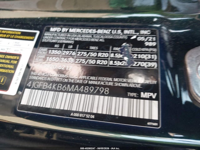 45260247 :رقم المزاد ، 4JGFB4KB6MA489798 vin ، 2021 Mercedes-benz Gle 350 4matic مزاد بيع