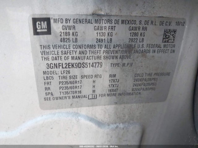 2013 Chevrolet Captiva Sport 2ls მანქანა იყიდება აუქციონზე, vin: 3GNFL2EK9DS514779, აუქციონის ნომერი: 45260252