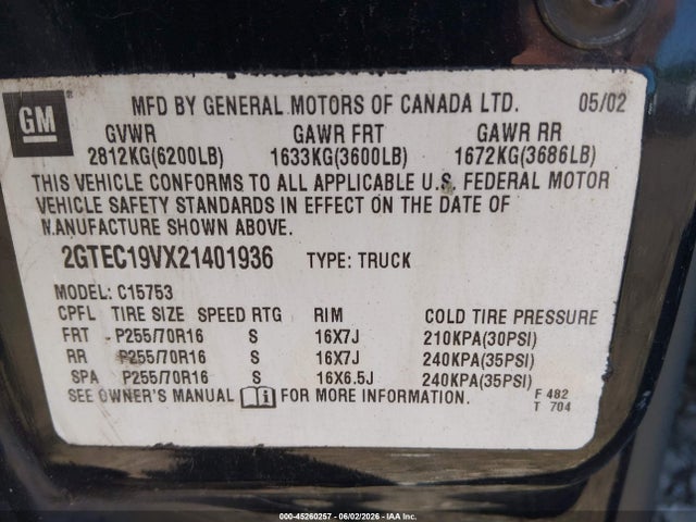 Aukcja sprzedaży 2002 Gmc Sierra 1500 Sle, vin: 2GTEC19VX21401936, numer aukcji: 45260257