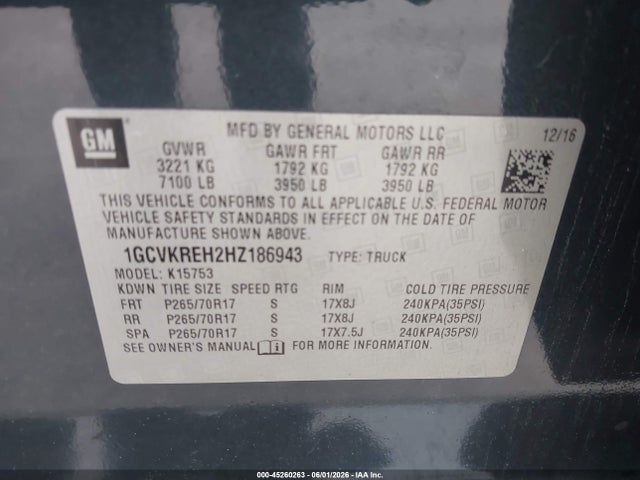 2017 Chevrolet Silverado 1500 1lt მანქანა იყიდება აუქციონზე, vin: 1GCVKREH2HZ186943, აუქციონის ნომერი: 45260263