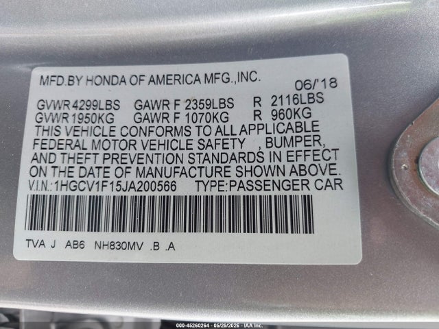 Honda ACCORD LX 2018 1HGCV1F15JA200566 Image 9